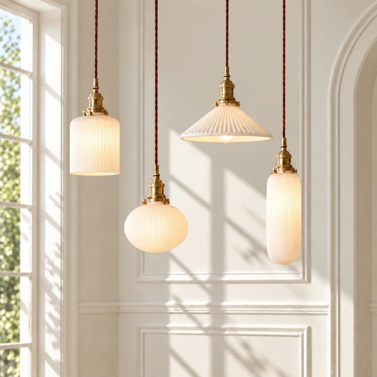 Pleated ceramic pendant lamp