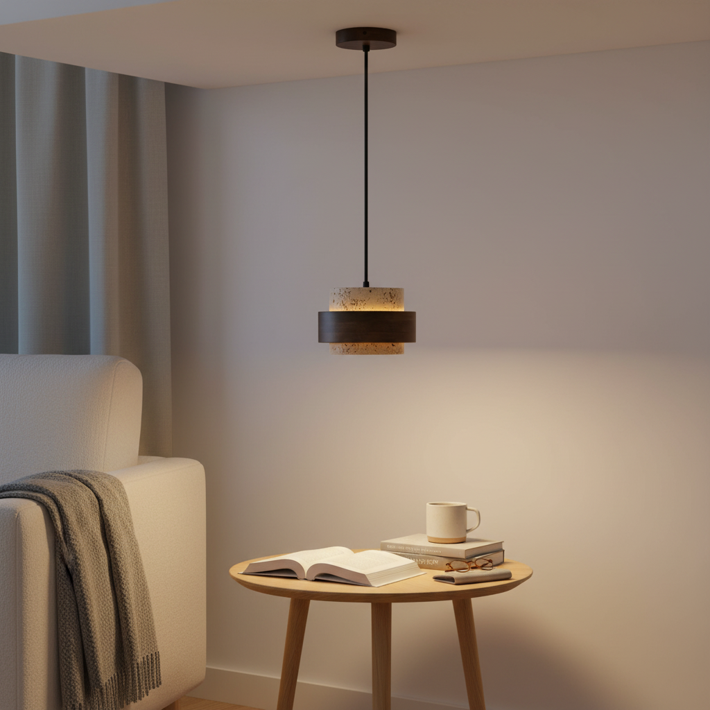 Lampa wisząca trawertyn i orzech