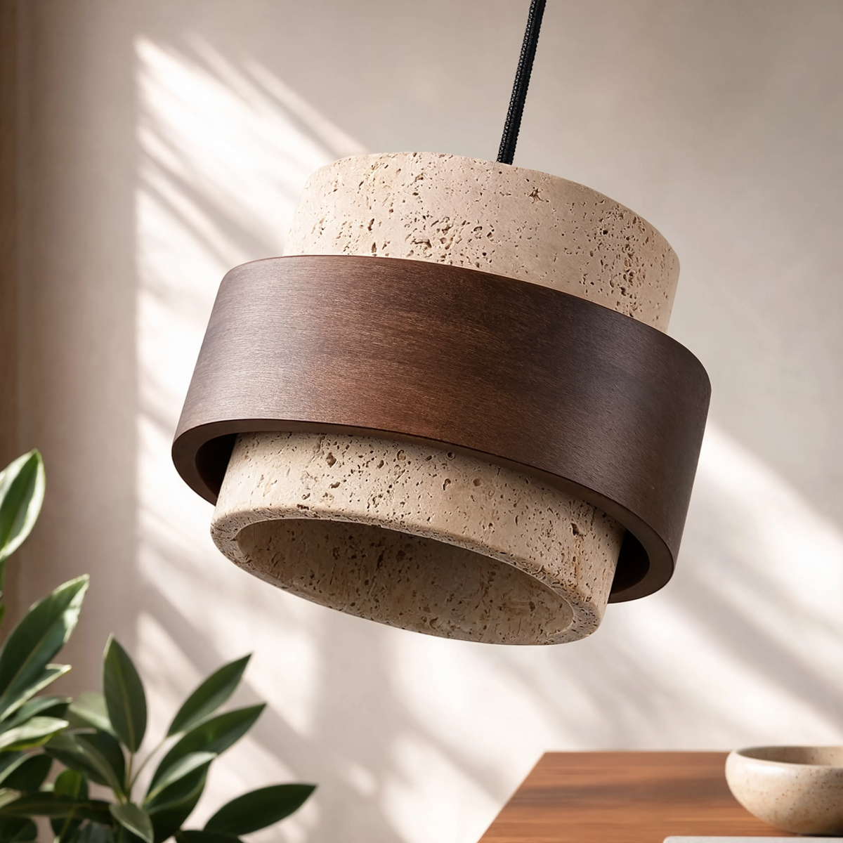 Lampa wisząca trawertyn i orzech