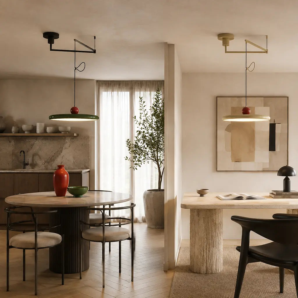 Pendant light with a shade and counterweight
