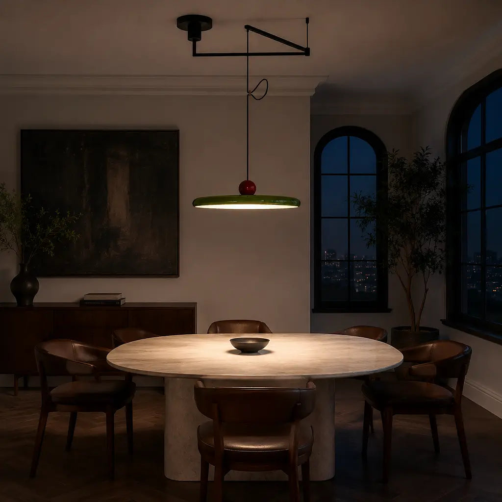 Pendant light with a shade and counterweight