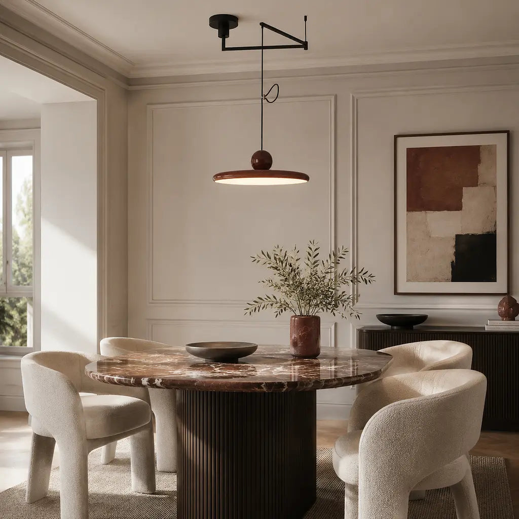 Pendant light with a shade and counterweight