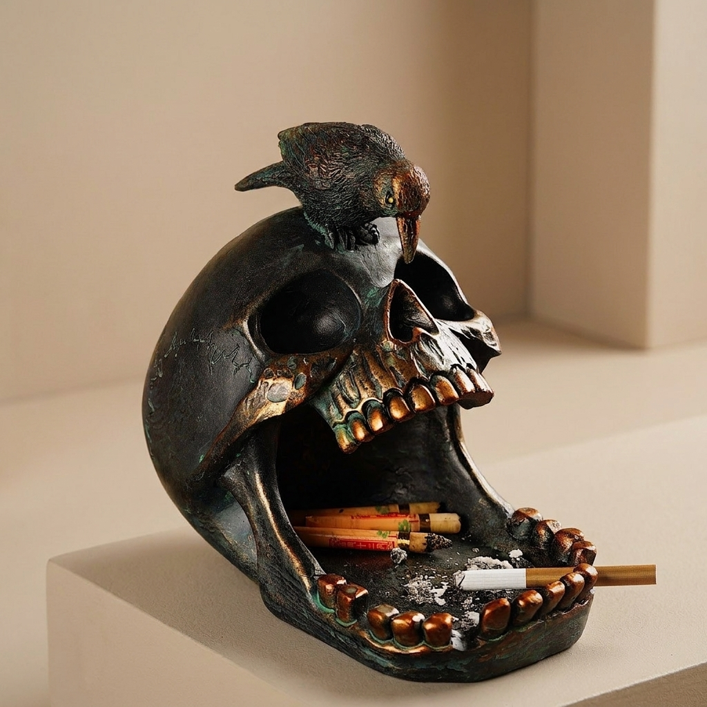 Decorative skull tray with a raven