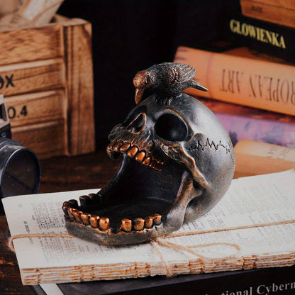 Decorative skull tray with a raven