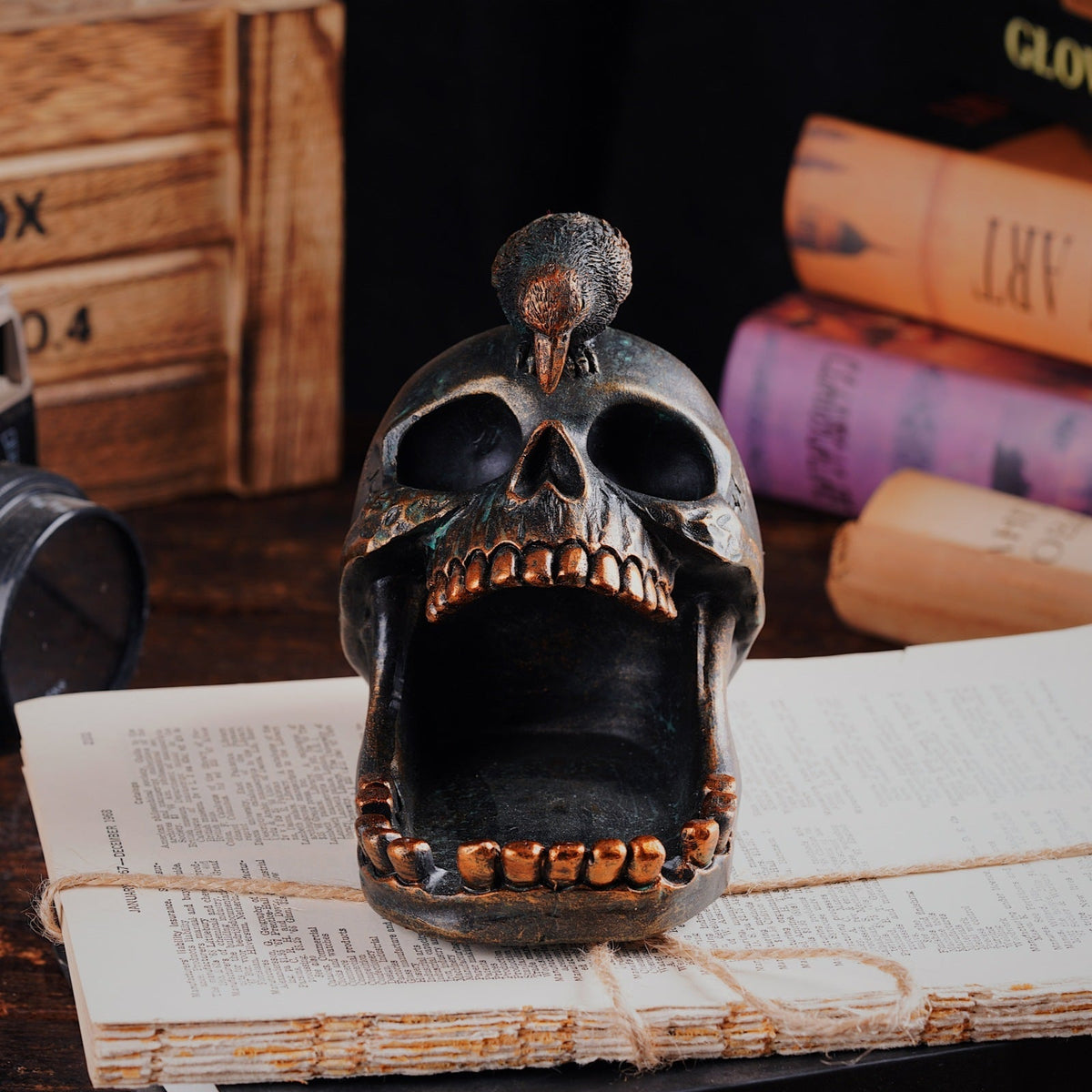 Decorative skull tray with a raven