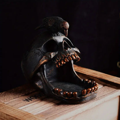 Decorative skull tray with a raven