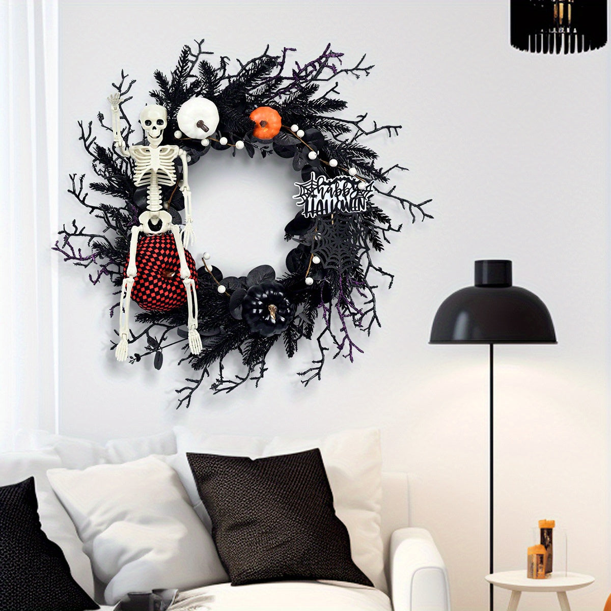 Halloween wreath with a skeleton