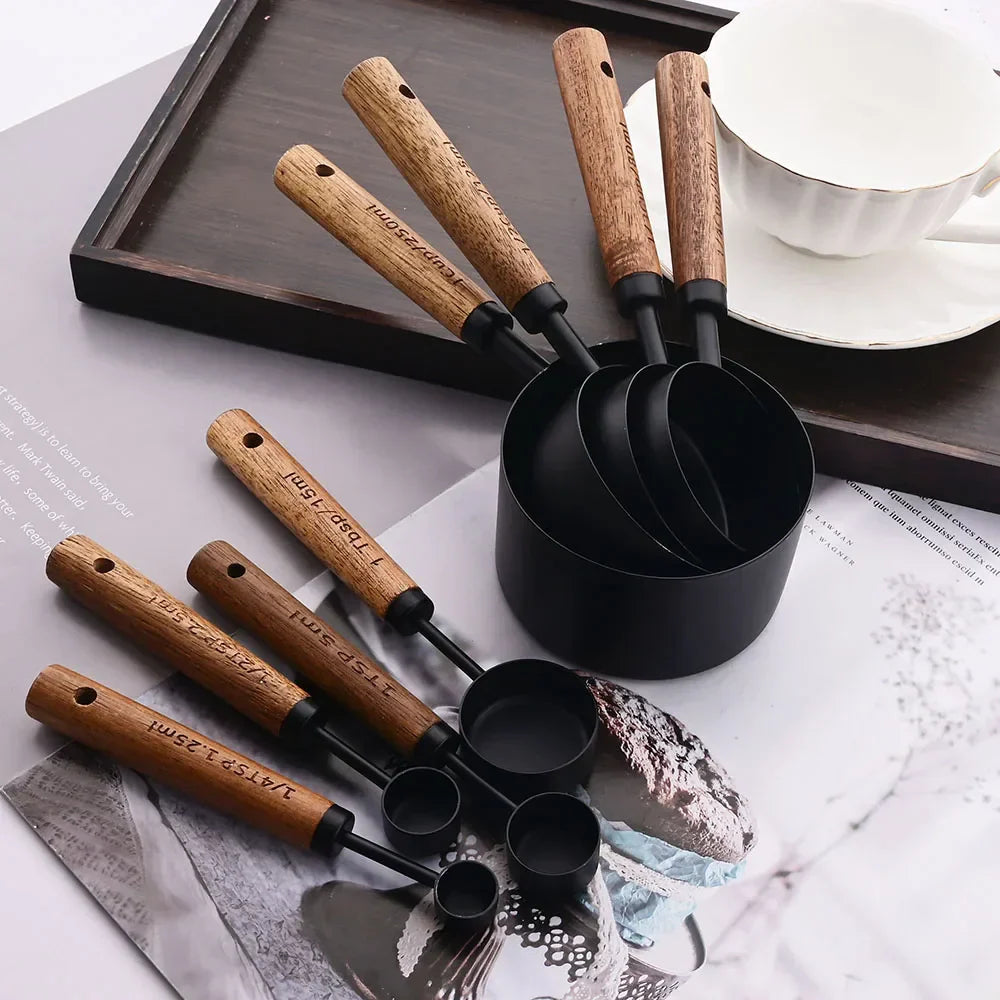 Set of kitchen measuring cups and spoons